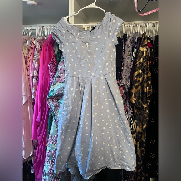 Dolly and Dotty Lily off the shoulder polka dot dress in baby blue & white - Picture 2 of 4